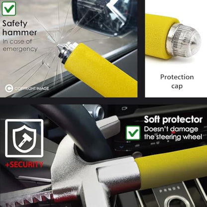 KRASER WA839Y Steering Wheel Lock High Security Bar, More Visible, Deterrent, Adjustable Double Hook Locking, Emergency Hammer, Universal Anti Theft Lock for Car, Truck, Van, Camper, Golf Cart