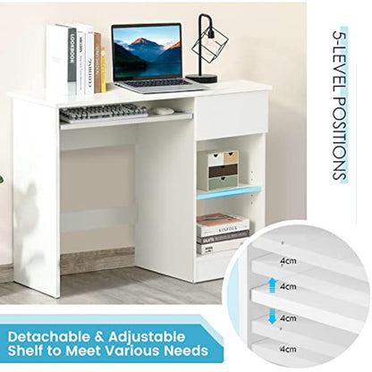 CASART Computer Desk, Home Office Laptop Table Writing Desk with Drawer, Adjustable Shelf & Keyboard Tray, Compact Study Desk Computer Workstation for Small Space (White)