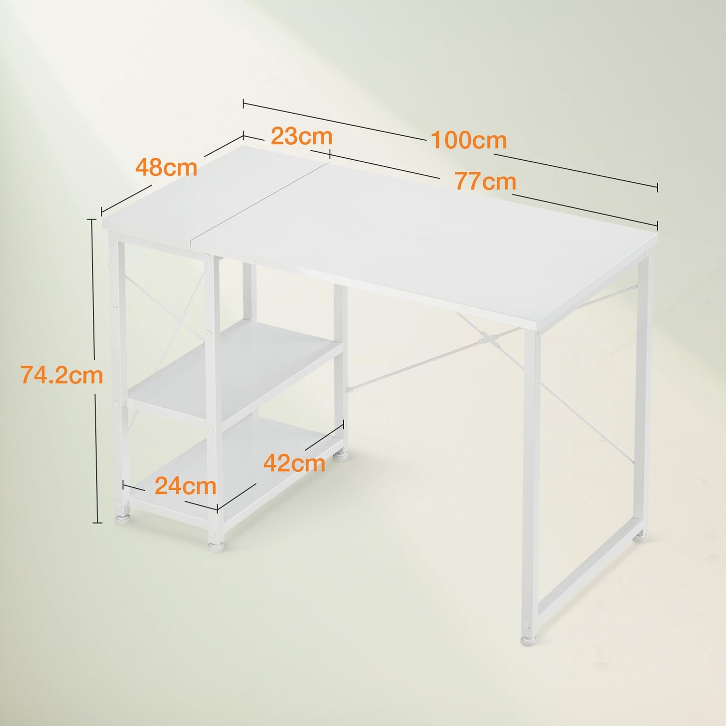 ODK Desk with Storage Shelves, Small Computer Desk, 100 x 48 cm, White