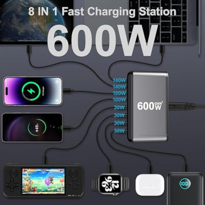 USB C Charger Block 600W 8 Port GaN3 Fast Charging Station Compatible with Laptop,ipad, iPhone 16/15/14/13 /12 Pro Max Fast Charge Pixel Note MacBook Pro/Air USB C Charger for Android