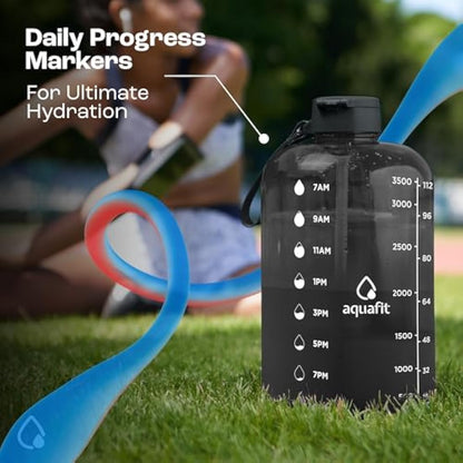 AQUAFIT 4 Litre Water Bottle with Straw - Water Bottle 4L with Time Marker - One Gallon Big Bottle with Straw - Large Bottle For Gym - 2 Lids, Grey Fade
