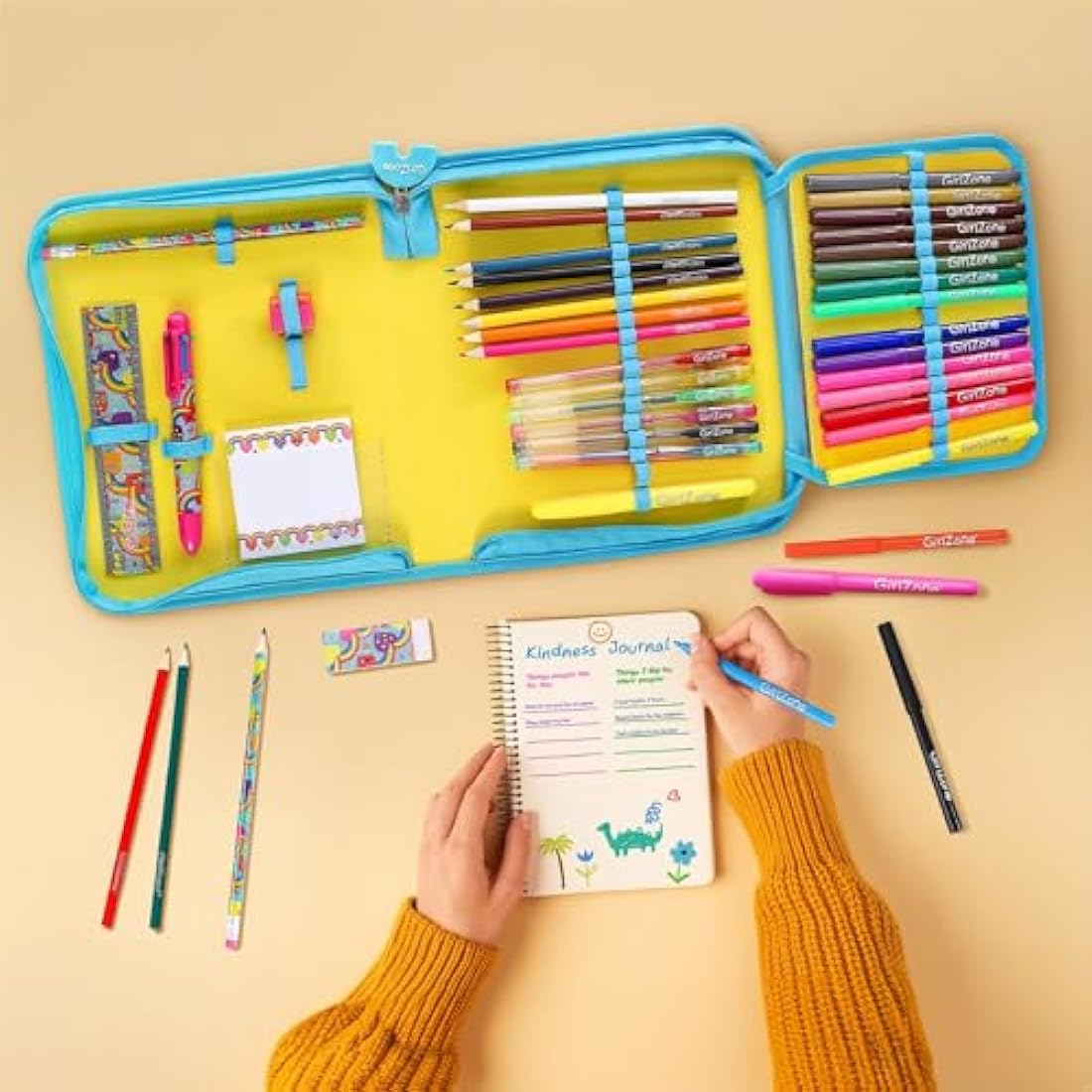 GirlZone 43-Piece Rainbow Stationery Set for Girls, Jumbo Rainbow Arts & Crafts Filled Stationery Pencil Case for Girls, Art Case for Toddlers, Kids, Teens & Teachers