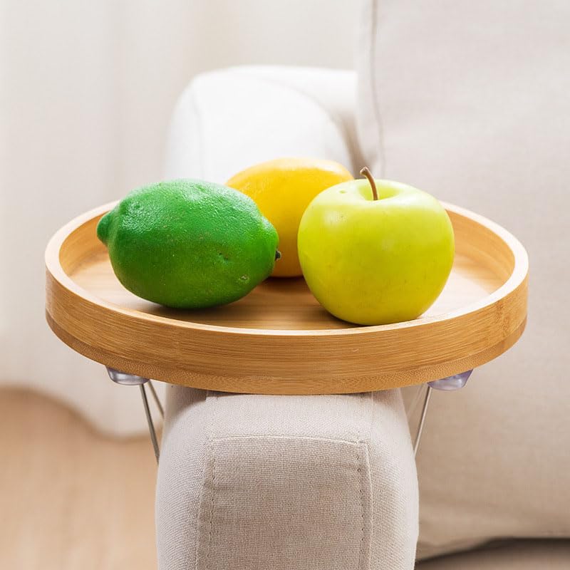Hosoncovy Bamboo Wooden Sofa Arm Tray with Clip, Chair Coach Armrest Table Organizer (Round - Yellow)