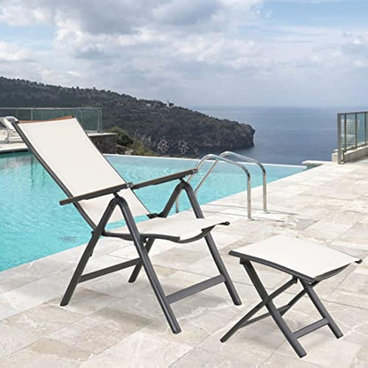 Grand patio folding chair, Aluminium garden chairs set of 2 with Armrest & Mesh breathable Seat, Adjustable 6 Position High Backrest, foldable dining chair for Outdoor, Garden, Dining room White