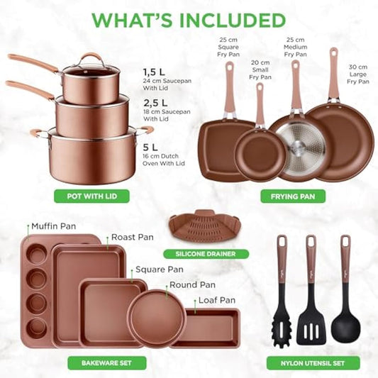 Nutrichef 20 Piece Pots and Pans Set, Bakeware and Cookware Set, Induction Hob Pots Set w/Lids, Non Stick Set, Heat Safe Silicone Handles, Saucepan, Frying Pans, Muffin Tin, Cookie Tray, Utensil-Gold