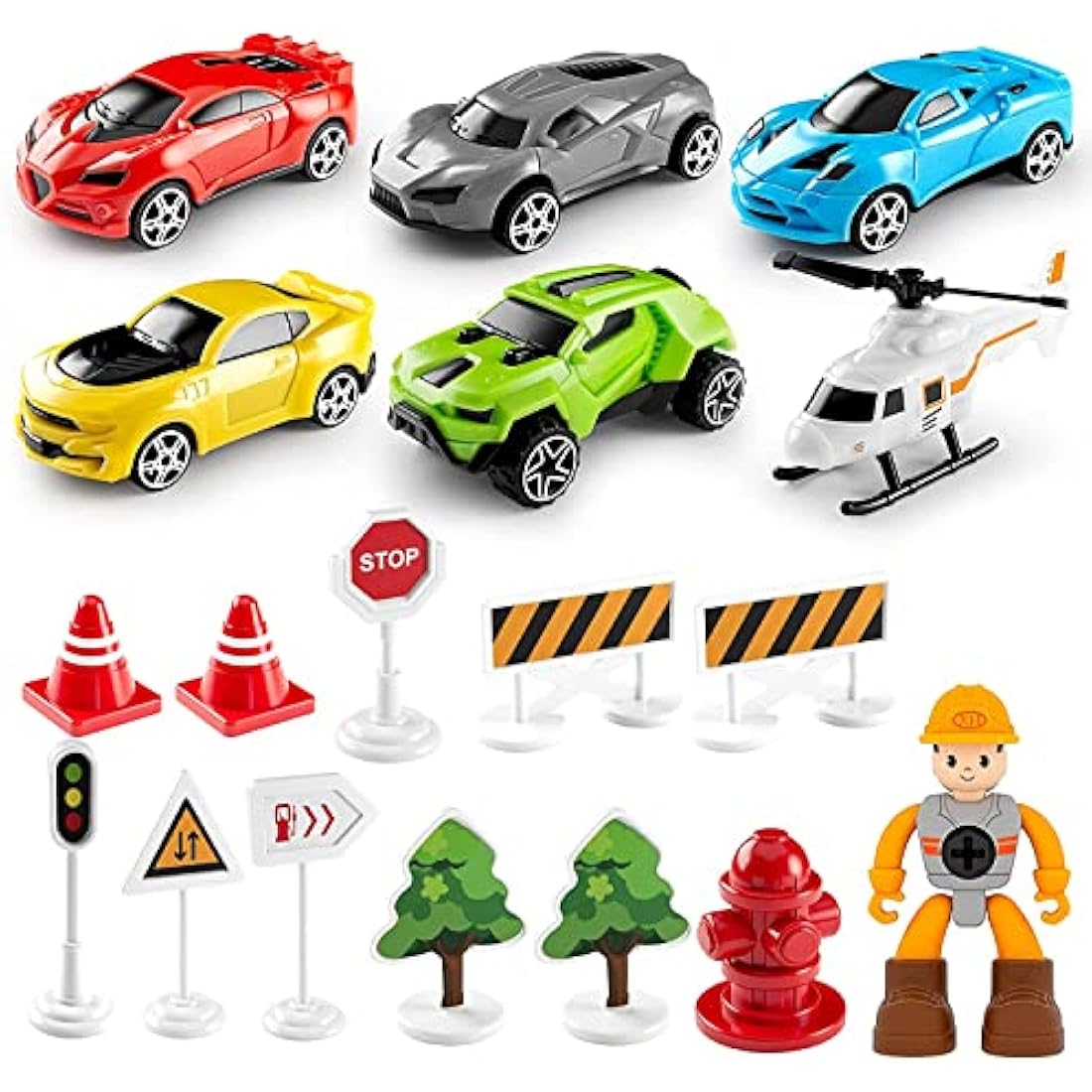 Toy for 3 Year Old Boys,Toy Cars set,Transport Cargo Airplane with 5 Mini Cars, 1 Helicopter,1 Engineer,11 Traffic Signs,Gifts for Kids Boys Girls Age 3 4 5