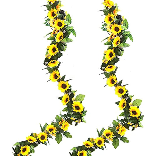 YELYAN 2 Pack Hanging Sunflower Garlands, Artificial Sunflower Garland Silk Sunflower Vine Faux Flower Hanging Garland with Green Leaves Fake Floral Arrangement for Wedding Party Home Décor
