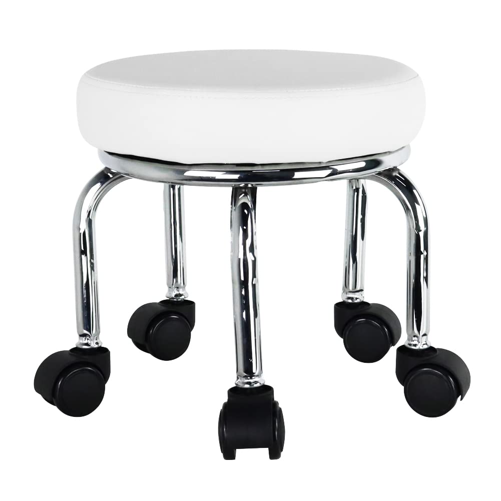 WKWKER Small Rolling Stool PU Leather Rotating Seat 360° Swivel Low Round Stool with Universal Wheels for Home Massage Garden Office Garage Shop