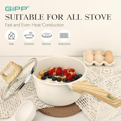 GiPP Nonstick Sauce Pan with Lid - 3.6L Small Sauce Pot Non Stick Cooking Pot with Stay-Cool Handle, Kitchen Pots Granite Saucepan Induction Compatible, PFOA Free(White, 20cm)