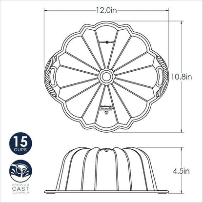 Nordic Ware Platinum Anniversary 12-Cup Bundt Pan, Original Cast Aluminium Bundt Tin, Bundt Cake Tin with Geometric Pattern, Cake Mould Made in the USA, Colour: Gold
