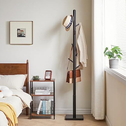 YMYNY Coat Rack Stand with Square Base, Wooden Coat Tree, Hall Tree Free Standing with 8 Hooks, Clothes Stand for Coats, Hat, Handbag, Umbrella, for Office, Hallway, 29 x 29 x 176CM Black HCR002B