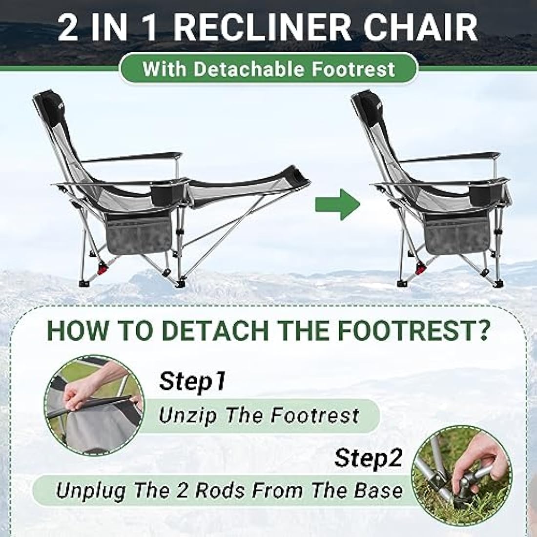 #WEJOY Camping Chairs Folding Recliner Chair Adjustable with Detachable Footrest Headrest Cup Holder Lightweight Portable Reclining Camp Chair Fold Up Chair for Outdoor Beach Garden, Black Set of 2
