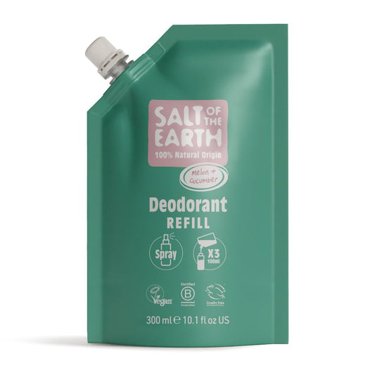 Salt of the Earth - Natural Deodorant Spray Refill Pouch, x3 Uses - Melon & Cucumber - Vegan, Long Lasting Protection, Leaping Bunny Approved, Made in