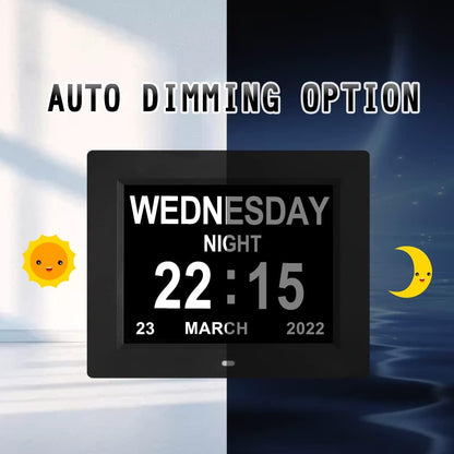 Yuanzeco Alarm Clock With Day And Date For Elderly 3Displays Digital Calendar Day Clock Photo Frame- Auto Dimmable Display 15 Alarm Options, Day Clock