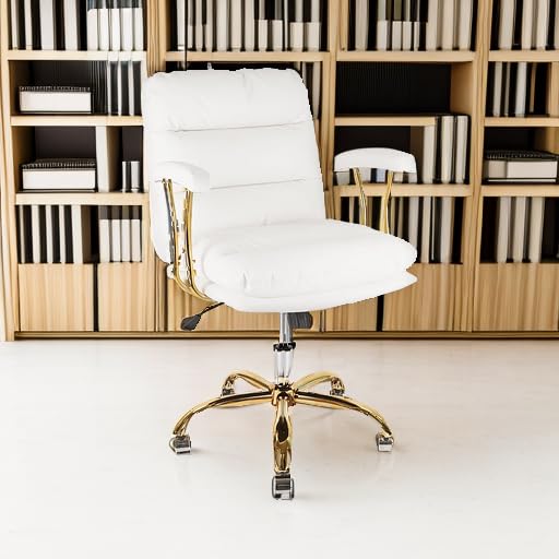 KLASIKA White Leather Office Chair with Gold Legs, Adjustable Height Home Desk Chairs with Padded Seat & Arms