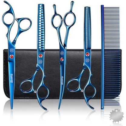 Moontay Dog Grooming Scissors Set Professional, 7 Inch Pet Grooming Scissors, 8 in 1 Straight, Curved, Thinning, Fishbone Scissors with Comb, Tension Adjuster, Cleaning Cloth and Storage Case, Blue