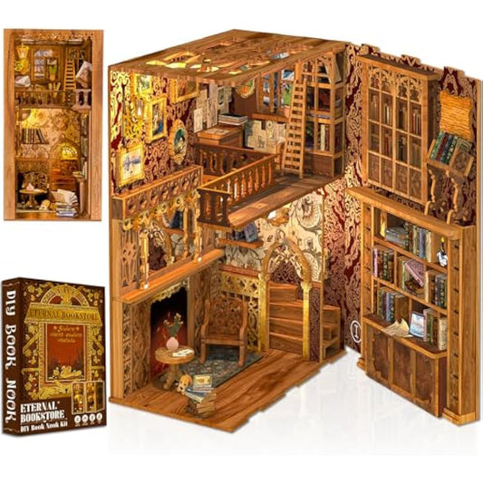 Cutefun Book Nook Kit,DIY Miniature House Kit 3D Wooden Puzzles for Adults, 172 pieces, Bookshelf Insert Decorative Bookends, Gift for Women Book Lovers (Eternal Bookstore)