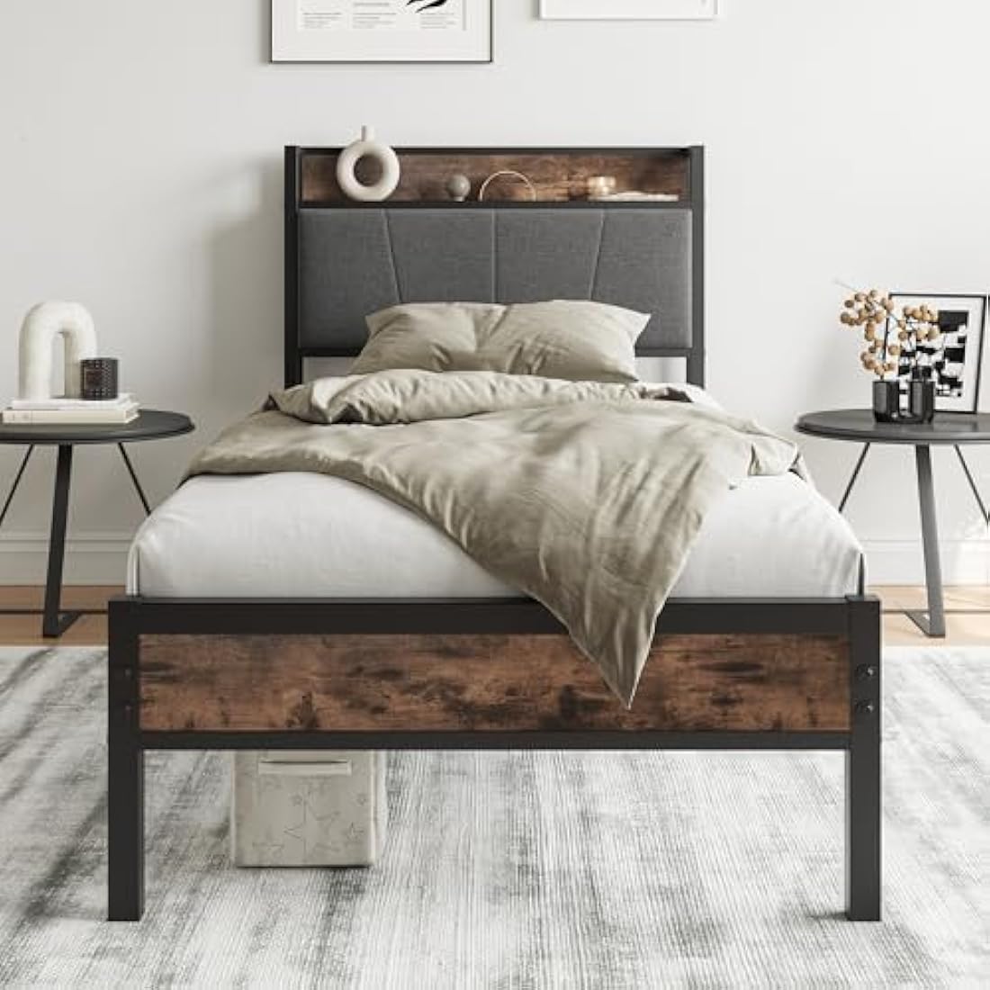 BORPHOM 3ft Single Bed Frame with Storage Headboard,Heavy Duty Metal Upholstered Platform Bed Frame,Mattress Foundation/Strong Steel Slat Support/Under-bed Storage/Easy Assembly