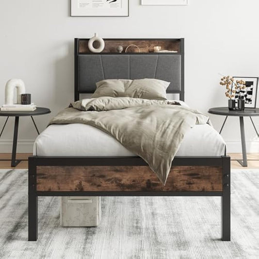 BORPHOM 3ft Single Bed Frame with Storage Headboard,Heavy Duty Metal Upholstered Platform Bed Frame,Mattress Foundation/Strong Steel Slat Support/Under-bed Storage/Easy Assembly