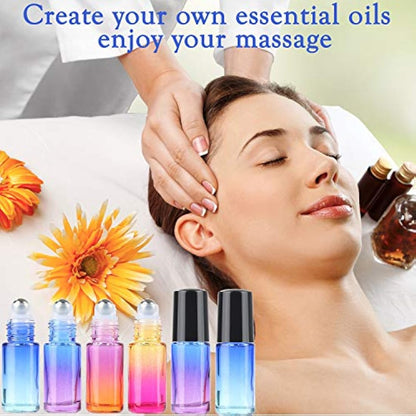 JamHooDirect 10Pcs, 5Ml Essential Oil Roll on Bottles Refillable Rainbow Glass Roller Bottles with Stainless Steel Roller Balls & Black Caps & Bottle Opener, Perfect for Aromatherapy, Fragrance