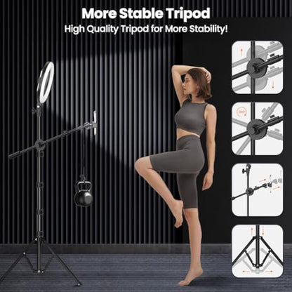 LUXSURE 10.5" Ring Light with Tripod Stand & Phone Holder, Overhead Phone Mount with 2 Shooting Positions, Tripod for iPhone with Ring Light for Video Recording/Live Streaming/Cooking