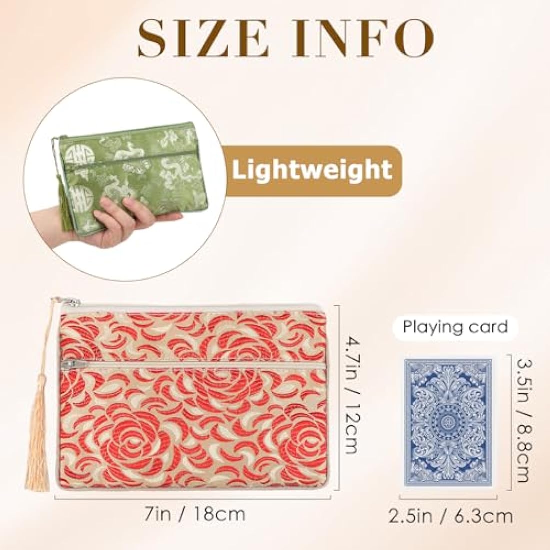 kilofly Chinese Silk Brocade 2 Zipper Pockets Tassel Jewelry Pouch Bag, Set of 2
