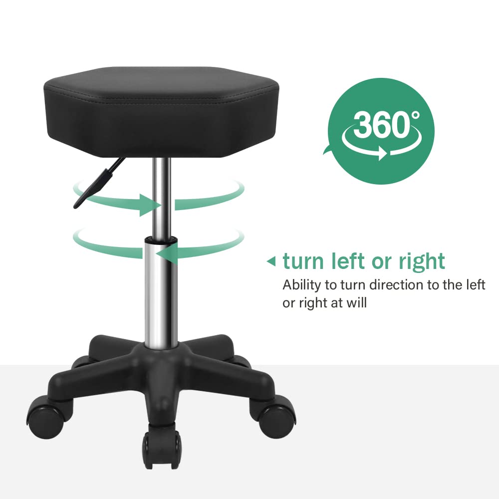 FURWOO Hexagon Rolling Stool with Wheels Height Adjustable Stool Chair for Salon Massage Home Kitchen Spa Stool Black