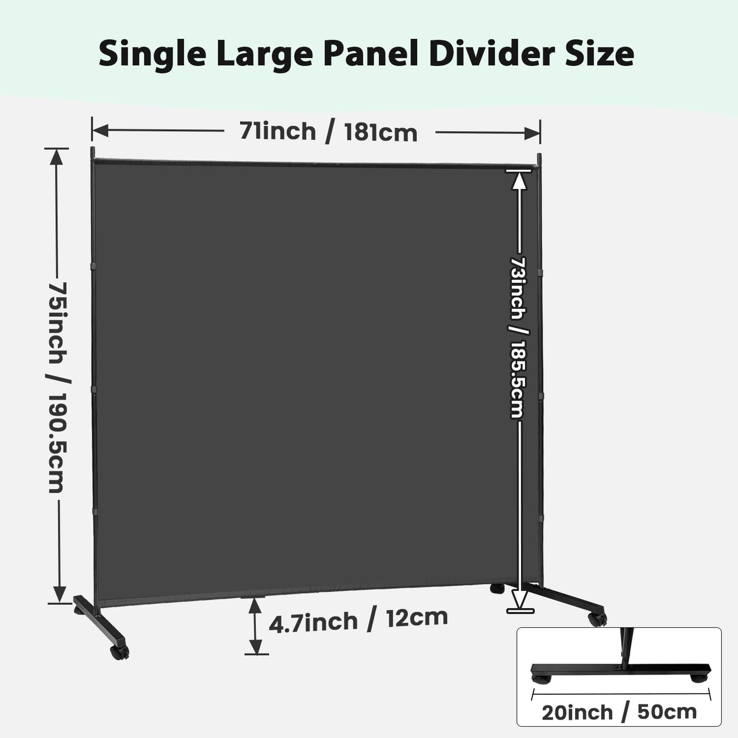 KEORTUN Single Large Room Divider Panel 180W x 190H cm Freestanding Privacy Screen Partition on Wheels for Office, Living Room and Bedroom, Grey