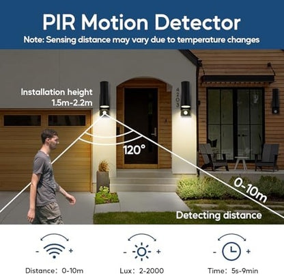 Kerry Outside Wall Lights with Sensor, IP65 Waterproof Up Down Outdoor Lighting, External Pir Wall Mount Security Light, Black Stainless Steel Exterior Light Mains Powered - 2 Pack (Bulb Excl.)