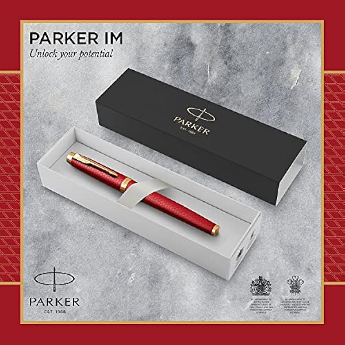 Parker IM Fountain Pen | Premium Red Lacquer with Gold Trim | Fine Point with Blue Ink Cartridge | Gift Box