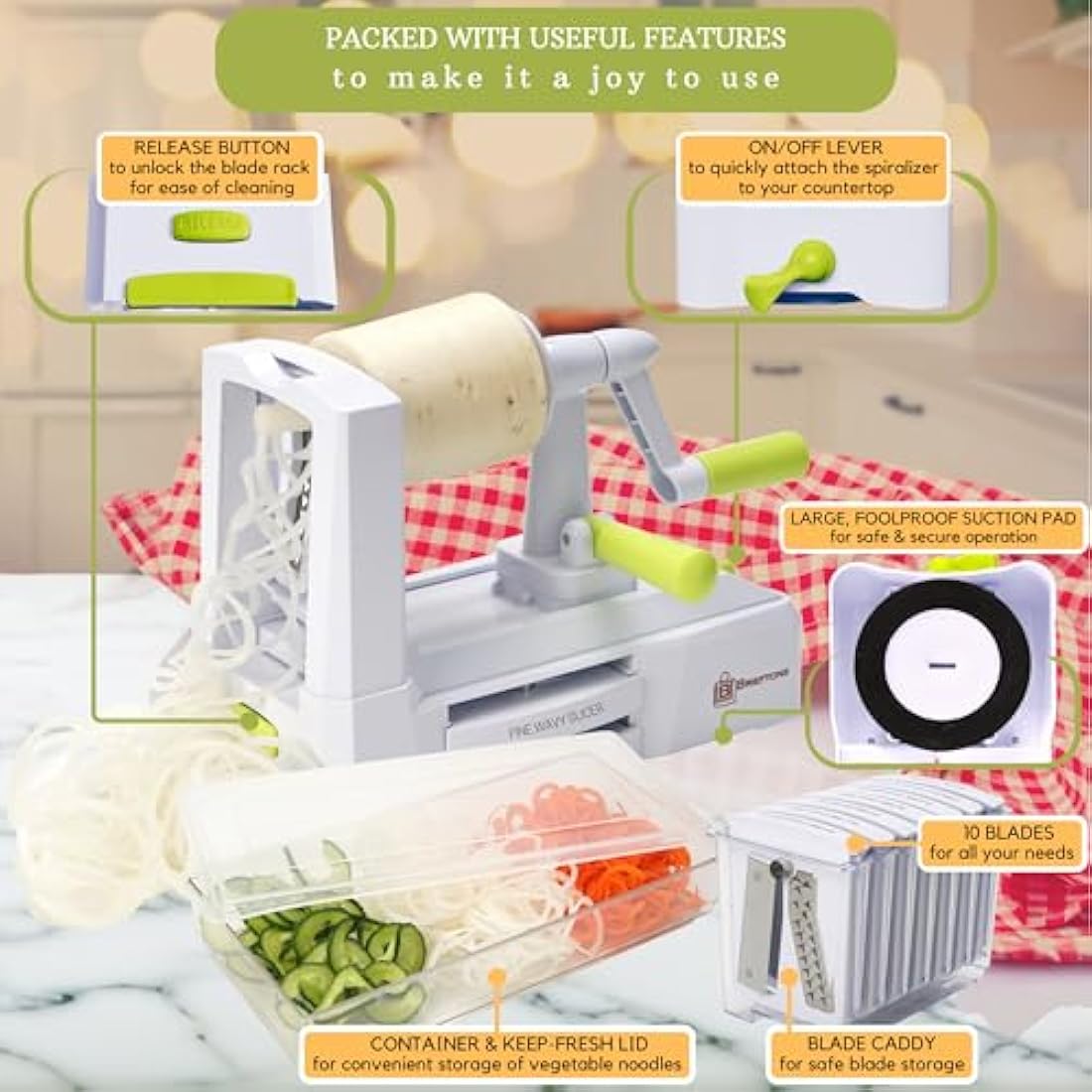 Brieftons 10-Blade Vegetable Spiralizer: Strongest-Heaviest Spiral Slicer, Best Veggie Pasta Spaghetti Maker for Low Carb, Paleo, Gluten Free Meals, with Blade Caddy, Container, Lid & 4 Recipe Ebooks