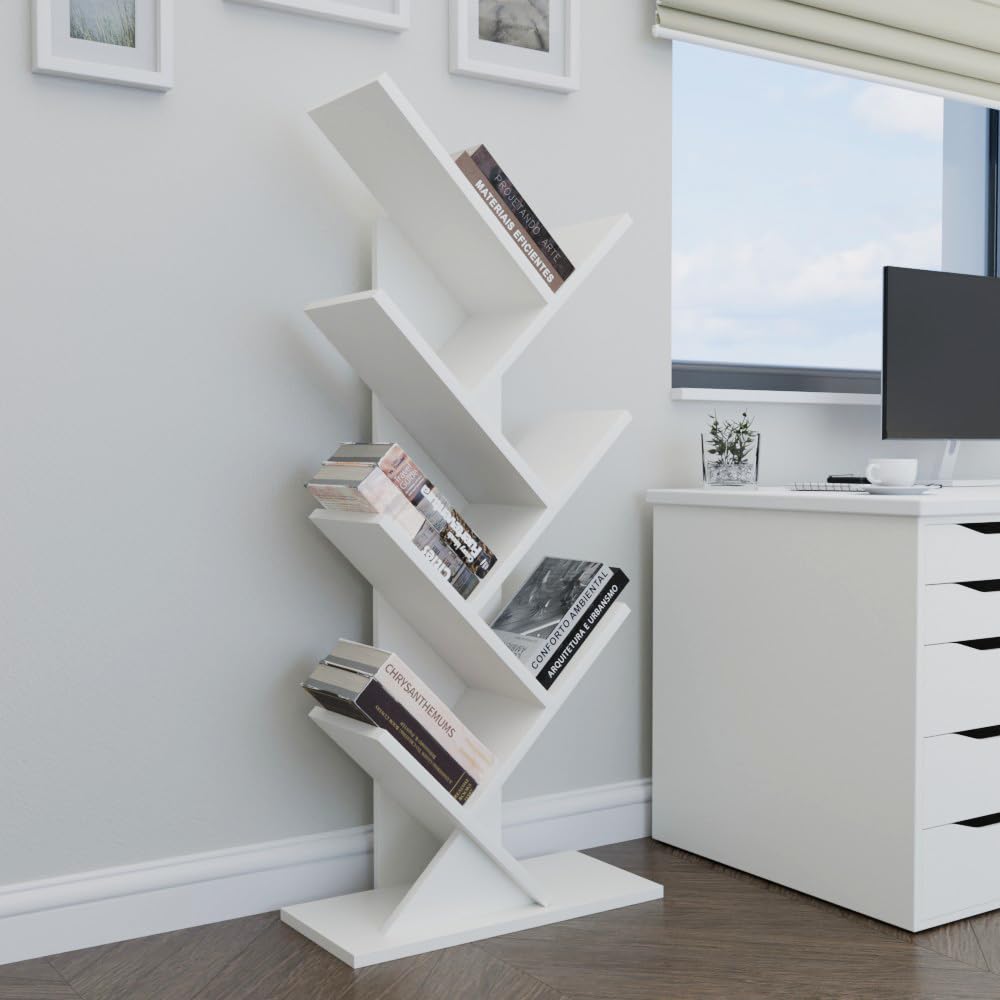 ComfortCove Tree Bookshelf, Bookcase, Floor Standing Book Shelf, Storage Rack for Living Room, Home Office, Bedroom or Kitchen, 7 Shelf, White
