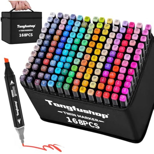Tongfushop 168 Colored Marker Set, Colouring Pens for Adults, Art Felt Tip Pens, Dual Tip Permanent Alcohol Markers for Drawing, Sketching, Anime, Manga, Fun doodling with Carrying Case & Storage Base