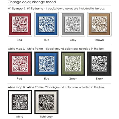 O3 DESIGN STUDIO Cologne Marco de Papel para mapas, White map, White frame, 9x9 inches, Gift Boxed, 4 background color, self-changing, Paper Art
