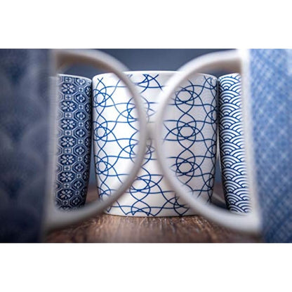 MACHUMA Set of 6 Coffee Mugs 340 ML/11.5 oz with Blue and White Geometric Patterns, Ceramic Tea Cup Set 6 Pack