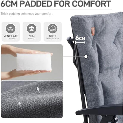EVER ADVANCED Luxury Camping Chairs 2 Set for Adults Heavy Duty High Back Oversized Folding Garden Chair Comfy Padded 6cm Loadable 150kg Adjustable Dining Chairs 4-Position Recliner Chair Grey
