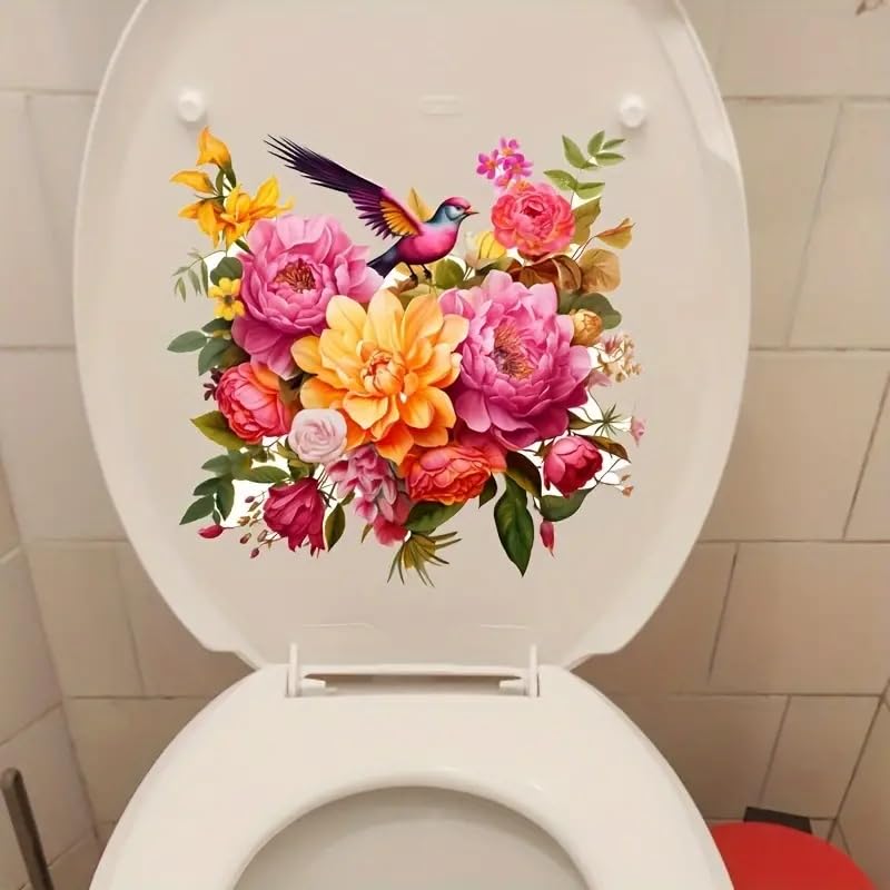 Colorful Flower Cluster Bird Toilet Cover Sticker Decals,Flower Leaf Butterfly Waterproof Toilet Lid Tank Seat Decals Cistern Self-Adhesive Bathroom