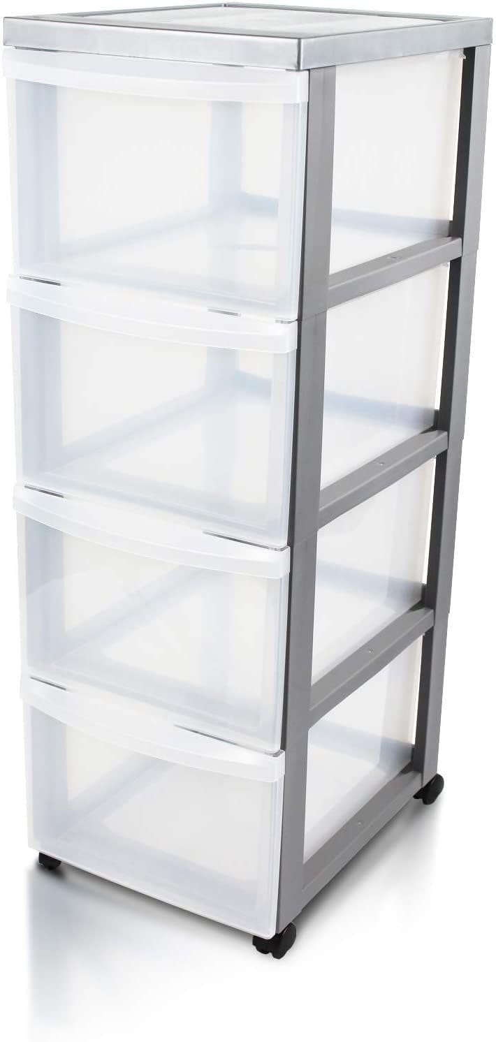 Iris Ohyama Plastic Storage Drawer Unit with Wheels, 4 Deep Drawers, Silver, Easy-Pull Handles, Supplies Organiser, For Bedroom, Bathroom, School &