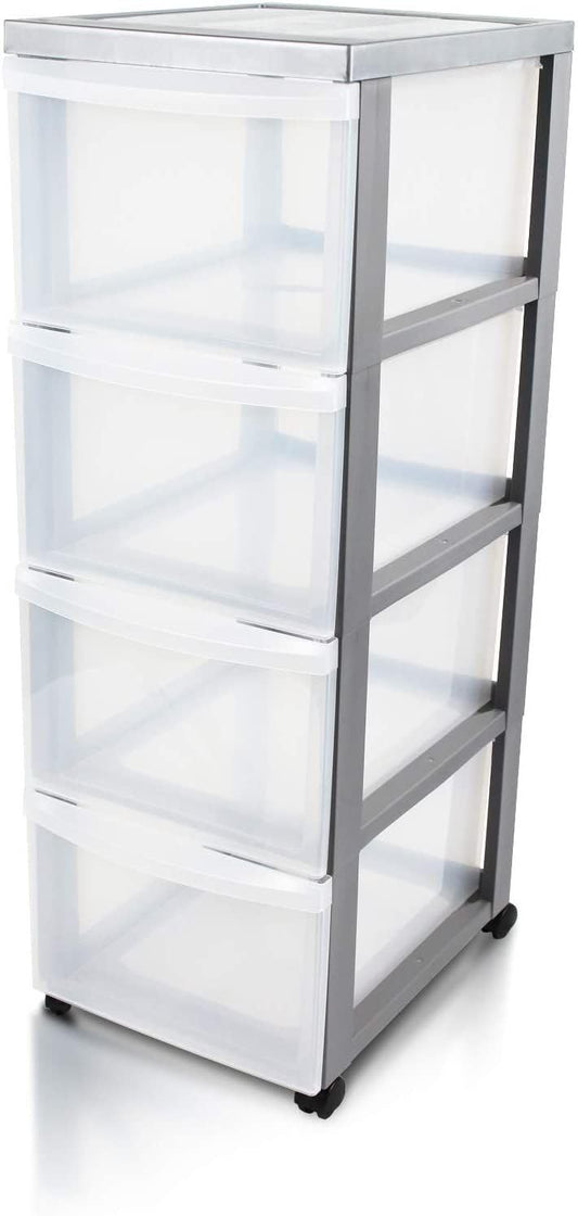 Iris Ohyama Plastic Storage Drawer Unit with Wheels, 4 Deep Drawers, Silver, Easy-Pull Handles, Supplies Organiser, For Bedroom, Bathroom, School &