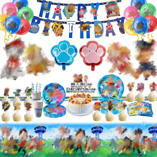 Birthday Party Decorations,105PCS Party Tableware Set Dog Balloons Dog Birthday Decorations Cake Toppers Napkins Banner Plates Party Tableware