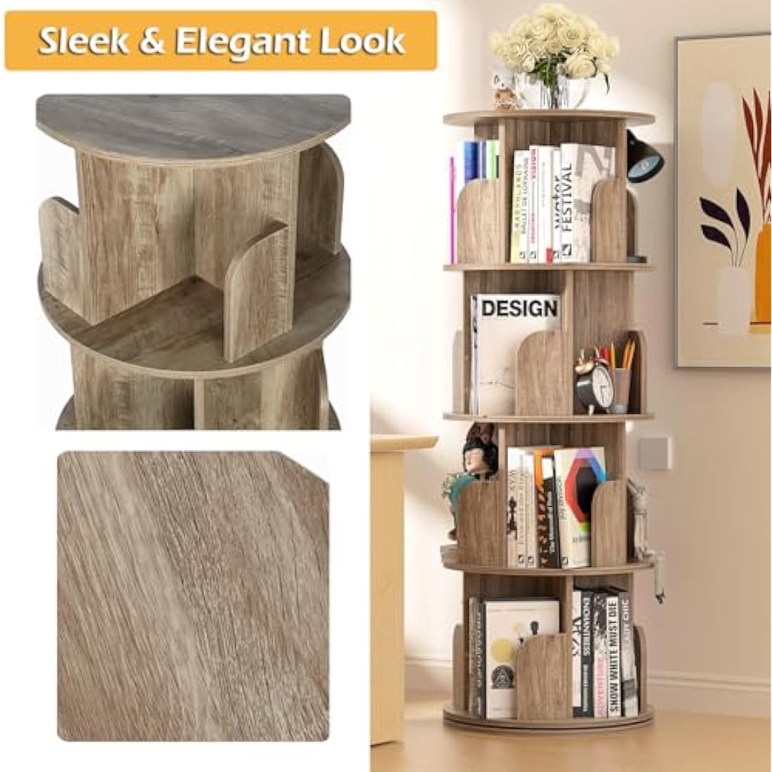 Nisorpa 4 Tier Rotating Bookshelf Floor Standing, 360° Rotating Bookcase for Kids Room, Wooden Spinning Bookshelf, Children Book Shelf Kids Book Storage for Study Room Bedroom Living Room, Black Oak