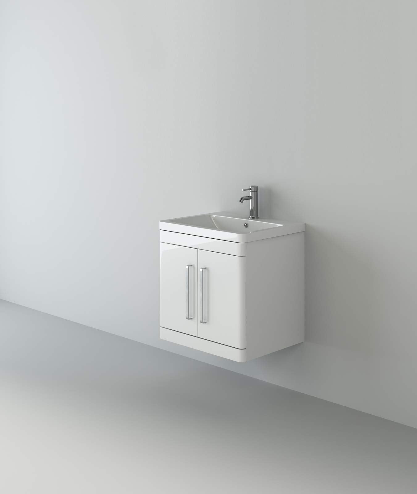 VeeBath ORI-WH60-WH Ceti Wall Mounted Hung Double Door Vanity Basin Cabinet Furniture Unit & Polymarble Sink-600mm, White