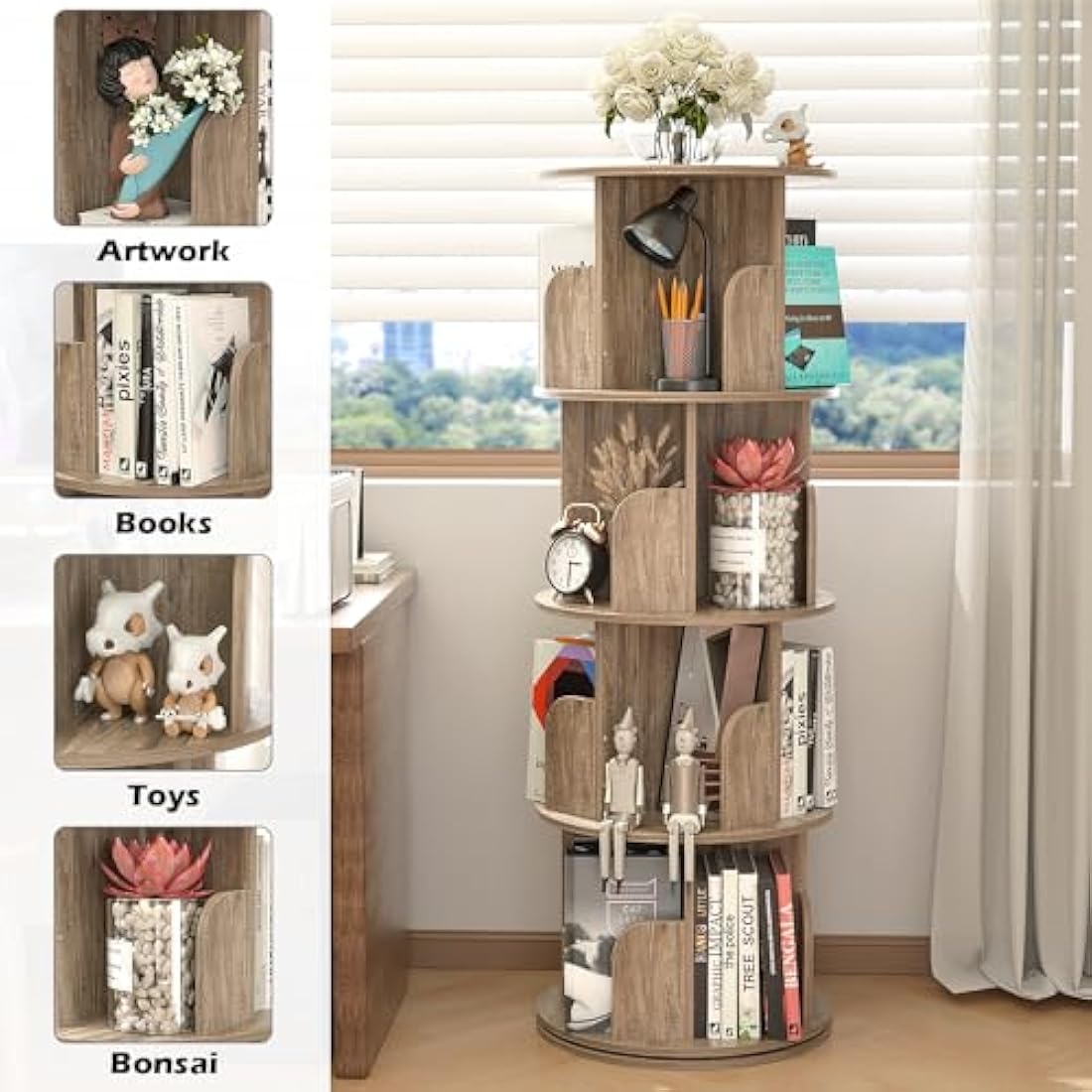 Nisorpa 4 Tier Rotating Bookshelf Floor Standing, 360° Rotating Bookcase for Kids Room, Wooden Spinning Bookshelf, Children Book Shelf Kids Book Storage for Study Room Bedroom Living Room, Black Oak