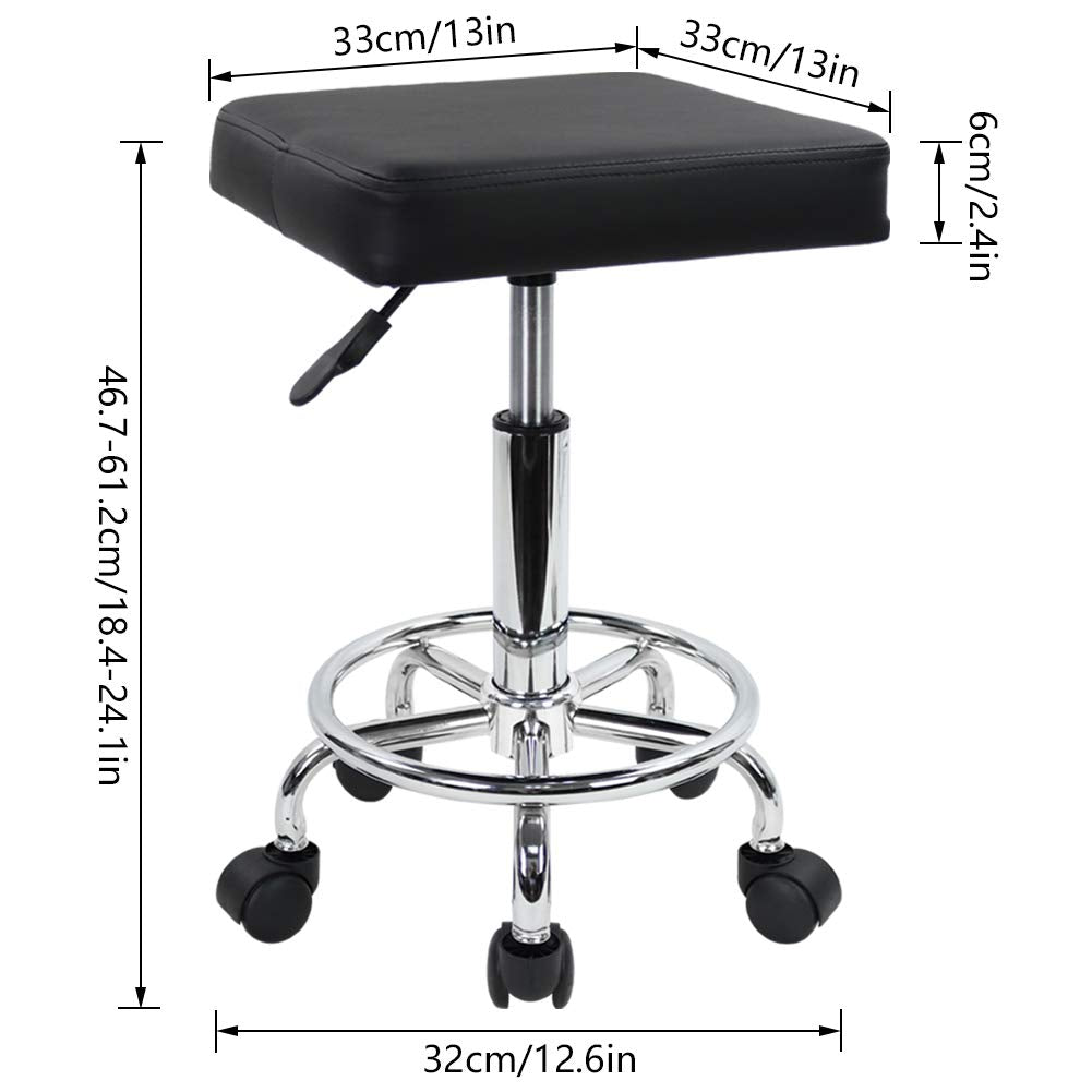 KKTONER Square Rolling Stool with Foot Rest PU Leather Height Adjustable Spa Drafting Salon Tattoo Work Swivel Stools Task Chair Small (Black)