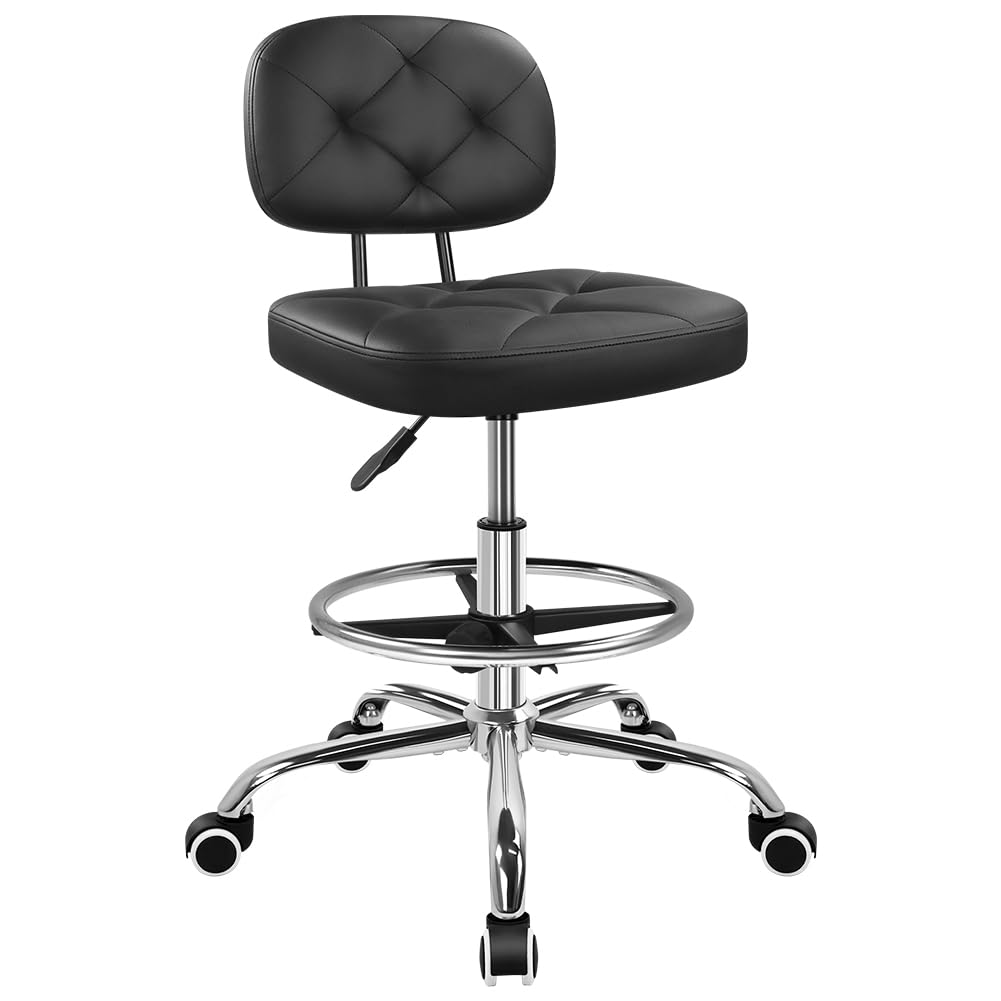KKTONER Drafting Chair with Backrest Rolling Stool with Wheels Adjustable Footrest Swivel Chair Height Adjustable Office Chair for Shop Counter