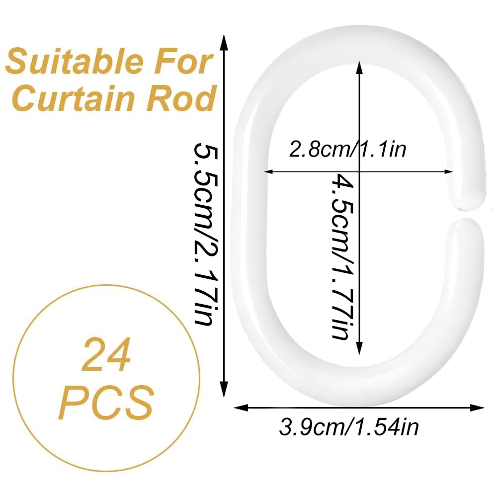 Shower Curtain Hooks, 24 PCS Shower Curtain Rings, White Plastic C-Shaped Hooks, for Shower Rods