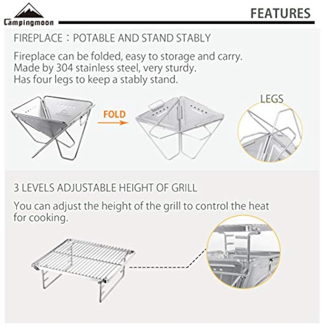Campingmoon Tabletop Small Charcoal Grill Mini Portable Fire Pit 24.5 cm Stainless Steel with Carry Bag X-MINI-PRO