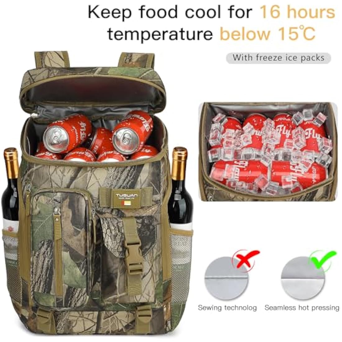 TUGUAN 30L Cooler Backpack 36 Cans Insulated Cool Bag Rucksack Leak Proof Picnic Backpack Men for Lunch Work Thermal Rucksack Women for Travel Camping Beach