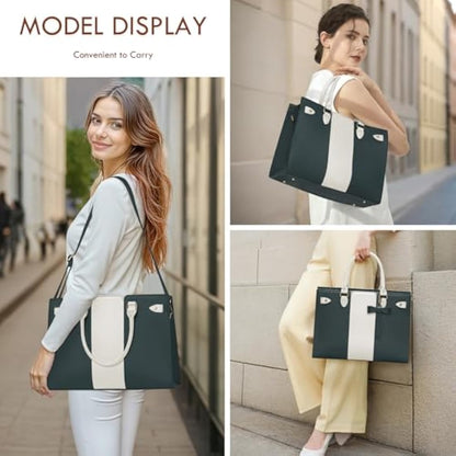 RAINSMORE Laptop Bags for Women PU Leather Work Bags for Women Tote Bag Large Handbag Shoulder Bag for Office Bussiness 15.6 Inch Dark Green and Beige