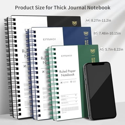 EMSHOI B5 Wirebound Notebook Lined 300 Pages/150 Sheets, Spiral Notepad Multi-Coloured, 100gsm Thick Paper, Waterproof Hardcover, Writing Journal for Women Men Work Office School,19 x 25 cm, Coffee